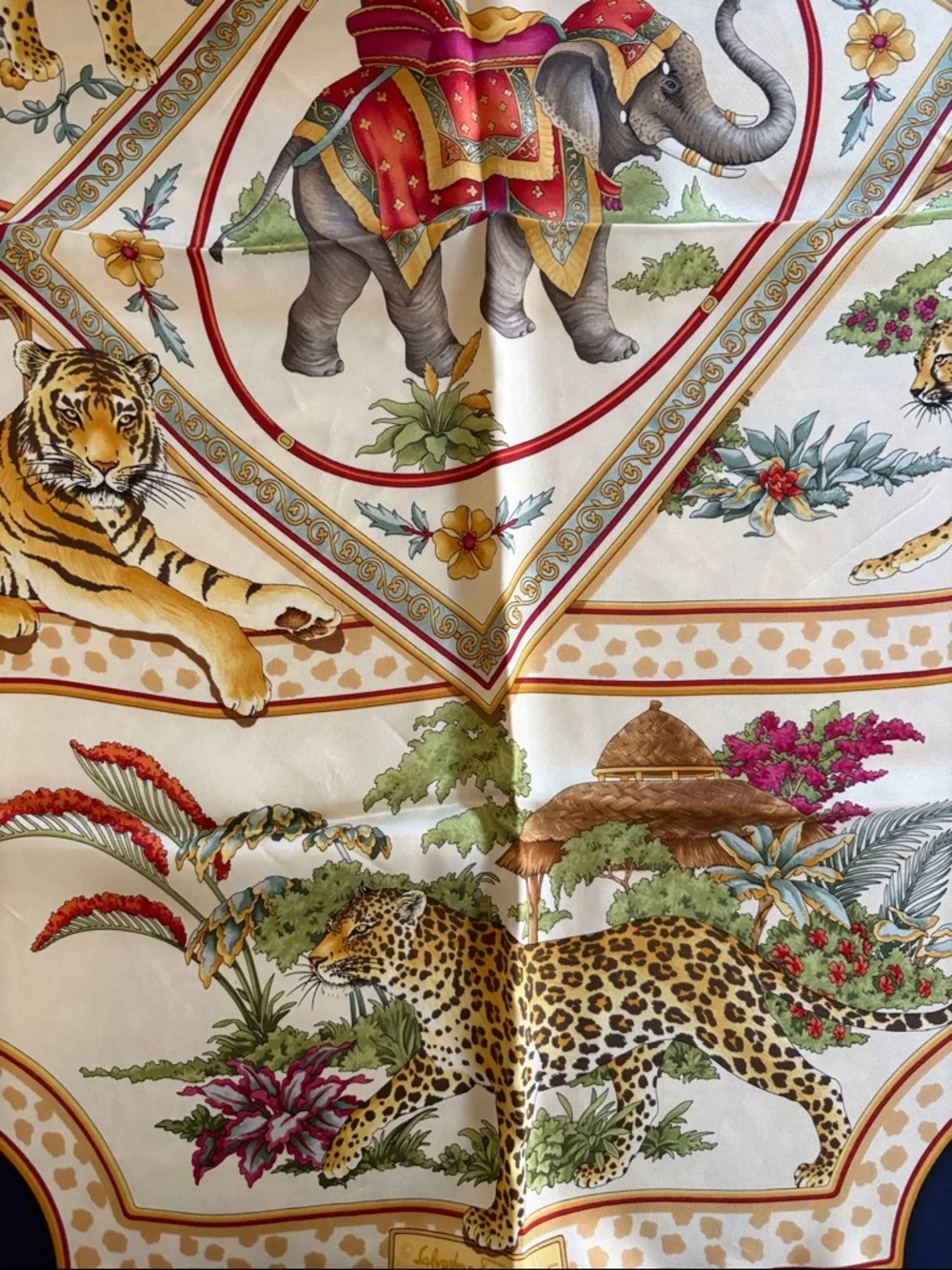 Vintage Salvatore Ferragamo Silk Elephant and Wild Cats Scarf, Navy Blue & Gold
